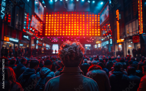 Young man is seen from behind with his back to the camera as he watches large illuminated stage in the middle of bustling city street at night