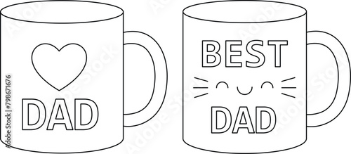Mugs for father coloring page. Gift father day vector illustration photo