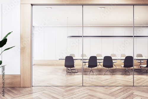 Modern conference room interior with a long table, chairs, and a minimalist design, presented on a neutral background, concept of corporate meetings. 3D Rendering photo