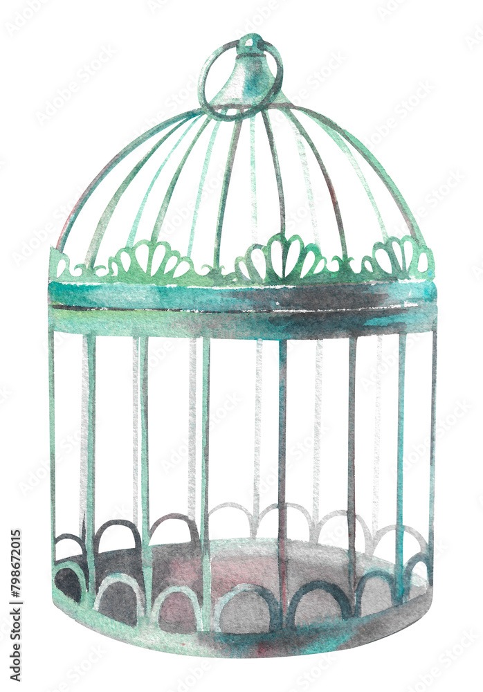 Watercolor vintage bird cage. Old birdcage with exquisite patterns on a white background