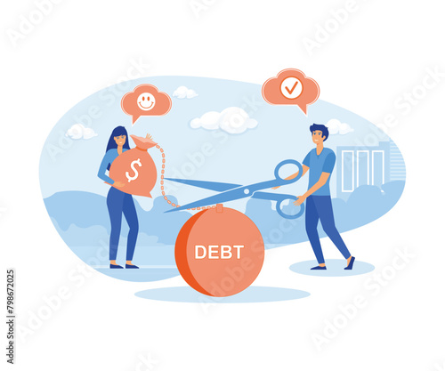 Businessman helped girl get out of debt. Man cuts chain with load with large scissors. Helped debtor to solve financial problems. Woman freed from monetary obligations. flat vector modern illustration