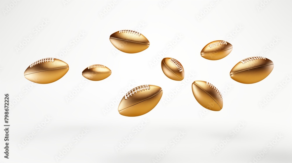 Collection of Shiny Gold American Footballs Flying on white Background. Collection of Shiny Gold American Footballs Flying on white Background.