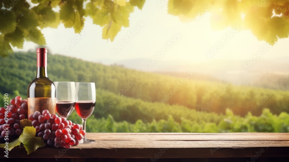 Tasty wine and on wooden table on grape plantation background