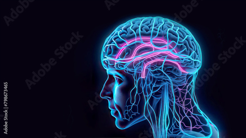 A replica of a human brain in neon light. Conceptual image. Illustration with place for text.