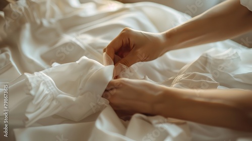 Hands Delicately Removing Stains from Pristine White Fabric