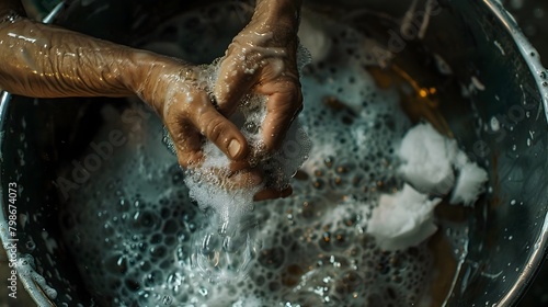 Hands Washing Clothes in Sudsy Basin with Flowing Water and Textured Soap Suds