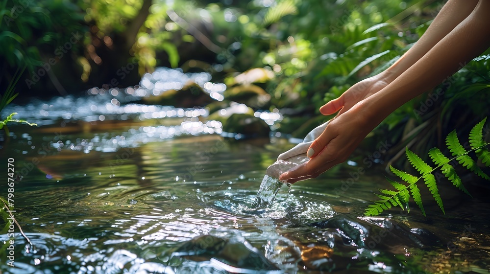 Eco-Conscious Hand Washing in Idyllic Natural Stream