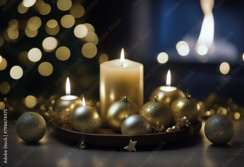 Christmas decoration candles Christmas stars fireplace golden plate background; golden balls Wooden tree Christmas decoration candles Christmas stars fireplace golden plate background; golden balls Wooden tree