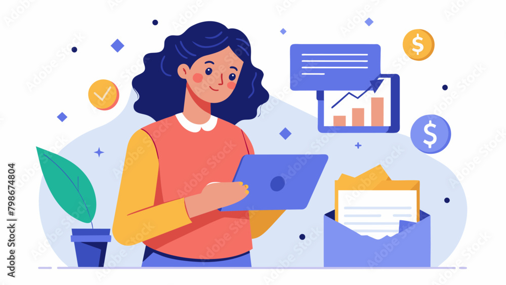 A woman opening her mail to find a personalized financial report generated by an AI tool with insights on how to save and invest.. A woman opening her mail to find a personalized financial report generated by an AI tool with insights on how to save and invest..
