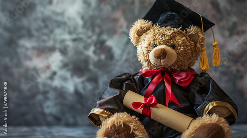 teddy bear outfitted in a graduation gown and cap clutching a diploma and beaming with pride symbolizing the culmination of academic achievement photo