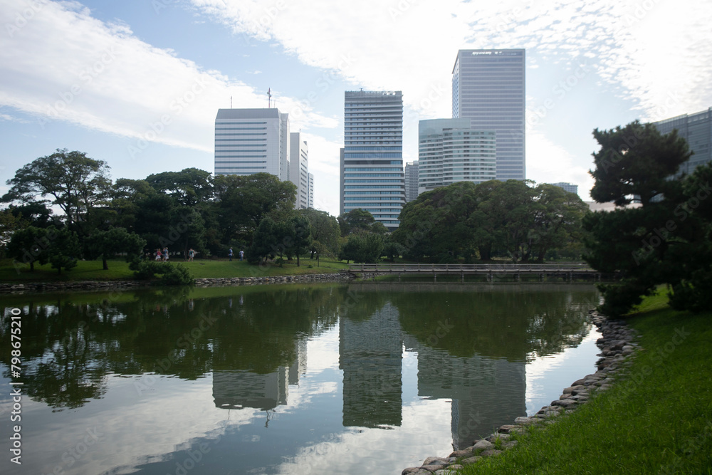 The Gardens of Hamarikyu are a public park in Chūō, Tokyo, Japan. Located at the mouth of the Sumida River they are surrounded by modern buildings.