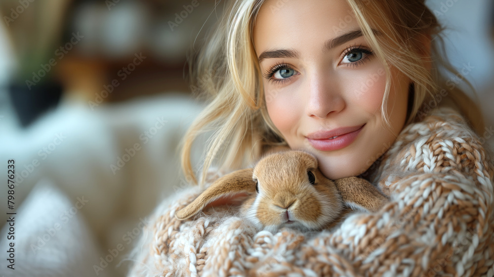 Young woman smiling and hugging little rabbit. Copy space Young woman smiling and hugging little rabbit. Copy space