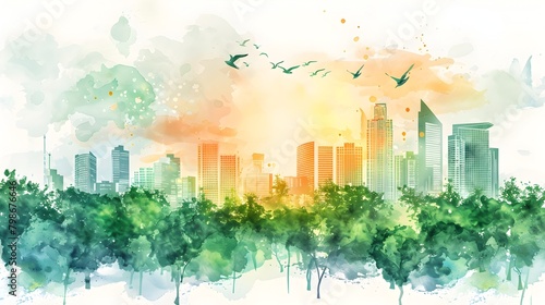 Dreamy Ecological Cityscape Blending Nature and Urban Life in Watercolor