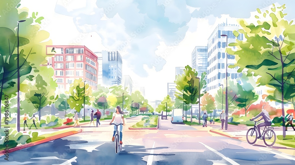 Fototapeta premium Sustainable Urban Oasis:Vibrant Car-Free City Center with Cycling and Pedestrian Pathways Amid Lush