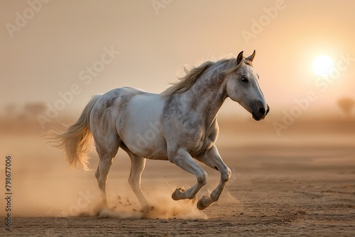 Grey Horse Galloping at Sunrise  Serenade of Freedom in the Sparkling Desert Dust