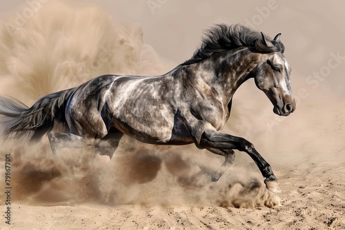 Fast-Furious Grey Horse  Desert Charge with Dynamic Blur