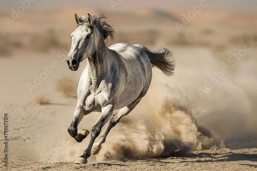 Defiant Grey Horse Galloping Through Desert: Power and Grace