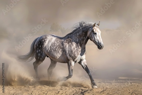 Majestic Grey Horse Roaming the Desert Sands  A Stunning Display of Freedom