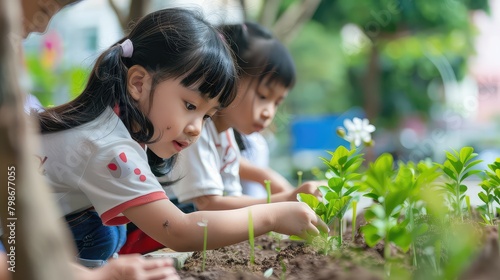 A side view of children planting flowers or trees for Children's Day, with copyspace for event descriptions. 