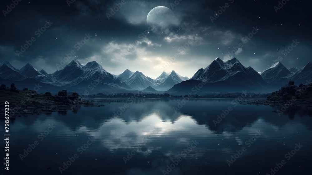 Tranquil Moonlit Lake Amidst Majestic Mountains