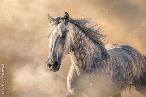 Galloping Drama: Grey Horse Unleashing Wild Spirit in Desert Dance