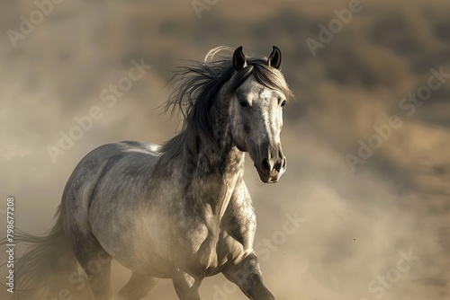 Wild Spirit: Grey Horse Rises in Dramatic Desert Dance