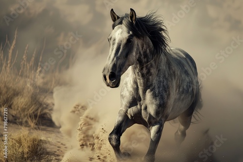 Wild Spirit of the Desert  Grey Horse in Dramatic Rise  Symbol of Power and Freedom