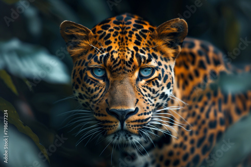 A leopard with blue eyes is looking at the camera against a dark background