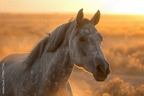 Grey Horse Desert Sunrise  Serenade of Light and Shadow with Swirling Dust