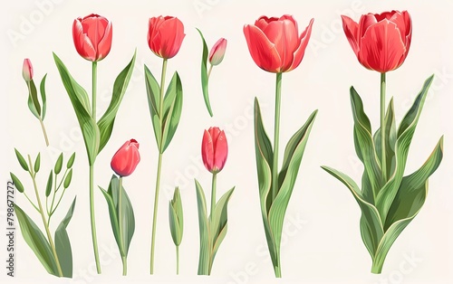 Spring tulip bouquet. Isolated realistic petals  flowers  branches  leaves vector set. 