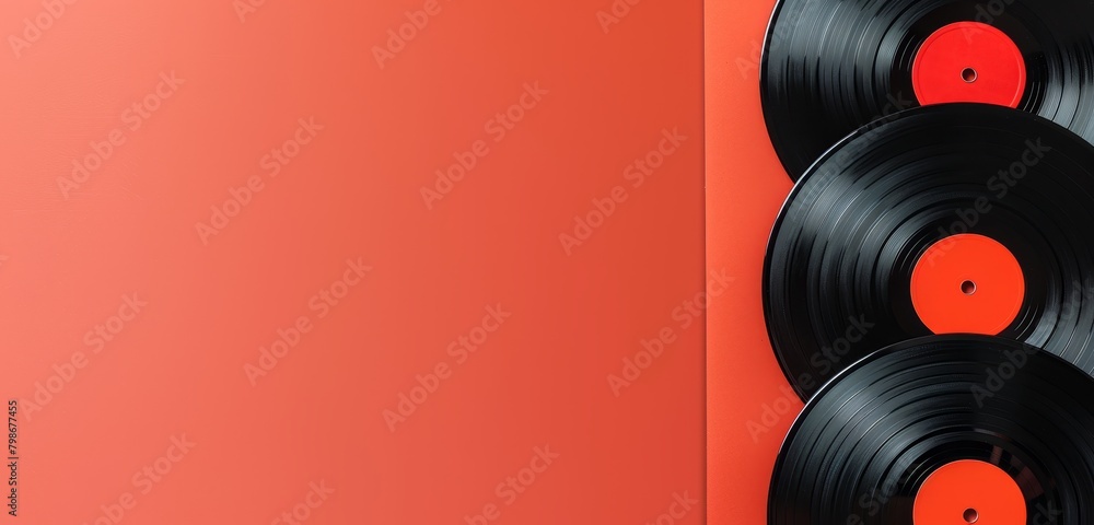 A collection of vinyl records stacked in a row against a red wall, featuring colourful red labels, showcasing a nostalgic and retro vibe. A collection of vinyl records stacked in a row against a red wall, featuring colourful red labels, showcasing a nostalgic and retro vibe.