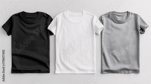 Mockup of clothes collections for an advertisement, poster, or art design. Three basic white, grey, and black t-shirt are displayed on a plain white background.