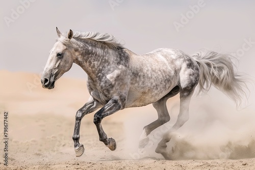 Majestic Power: Grey Horse Leaping in Desert Dust Storm