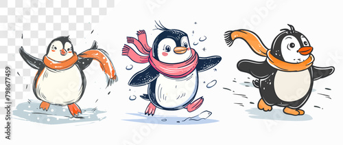 Penguins having fun in the snow, illustrated in a cheerful and wintry scene