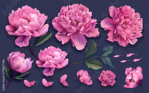 Spring peony flower bouquet. Isolated realistic petals  flowers  branches  leaves vector set.