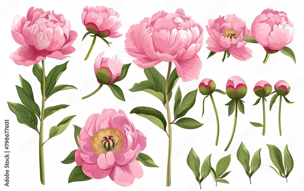 Spring peony flower bouquet. Isolated realistic petals, flowers, branches, leaves vector set.