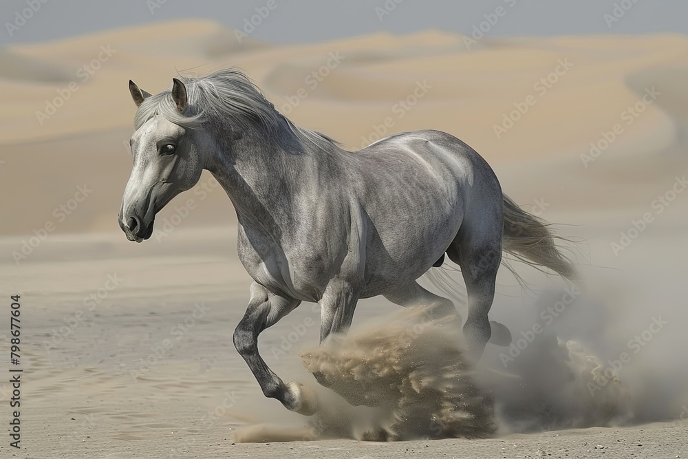 Powerful Grey Horse Dancing in the Desert, A Symbol of Majestic Beauty and Unbridled Freedom