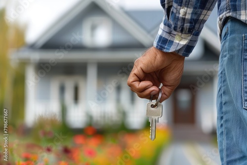 A hand presents a key with a blurred residential home in the background, symbolizing new homeownership or real estate investment. photo