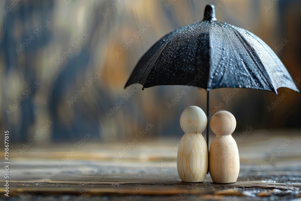 custom made wallpaper toronto digitalA symbolic display of life insurance protection, with wooden figures huddled under an umbrella, suggesting security and coverage.