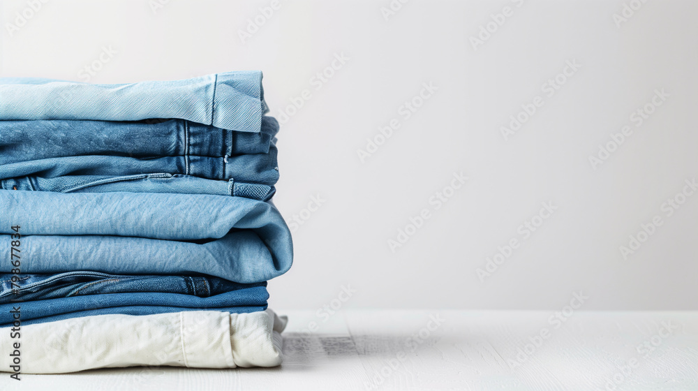 Stack of folded clothes on plain background with copy-space for text. All seasons collection. Denims in blue and white color tones were displayed on a white wooden desk and plain white background.