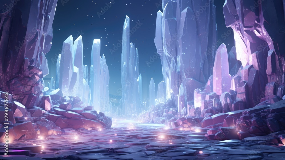 Obraz premium Mystical quarry glowing with iridescent crystals under a starry night sky