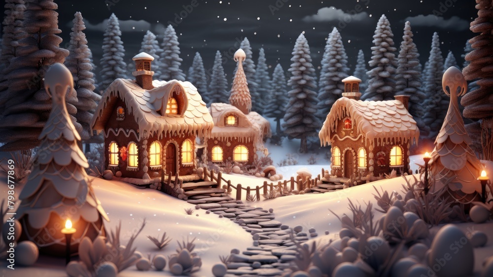 Fototapeta premium Enchanted Winter Village under a Starlit Sky