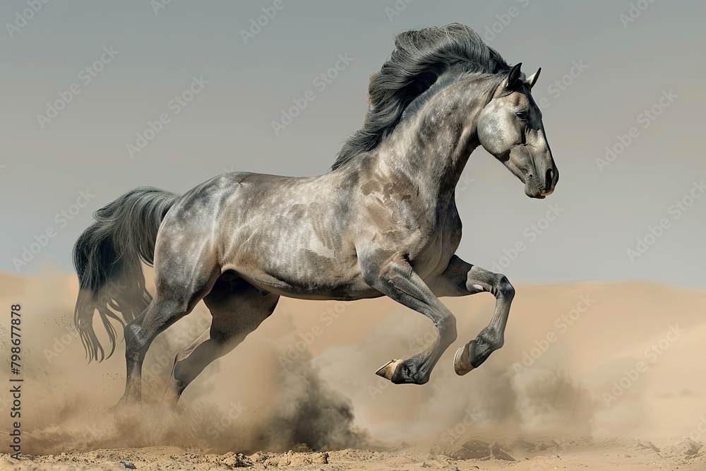 Obraz premium Majestic Grey Horse Rearing in Desert Wilderness - Untamed Spirit Captured