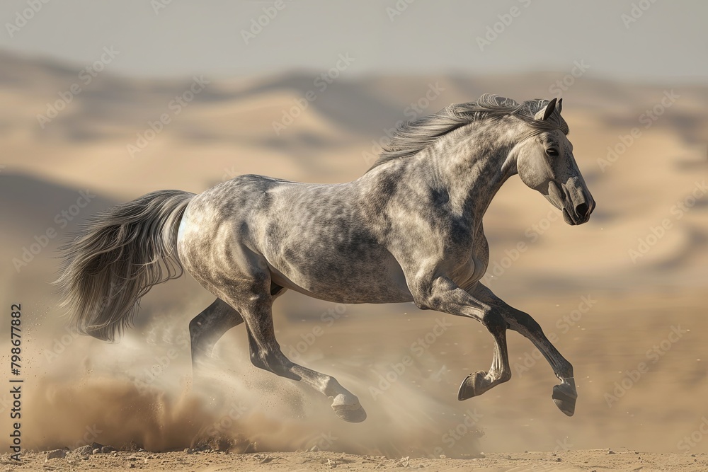 Majestic Grey Horse Leaping Silver in Desert Dust Storm Majestic Grey Horse Leaping Silver in Desert Dust Storm