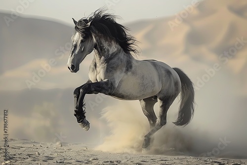 Grey Horse Rearing: Spirit of the Wild in the Desert