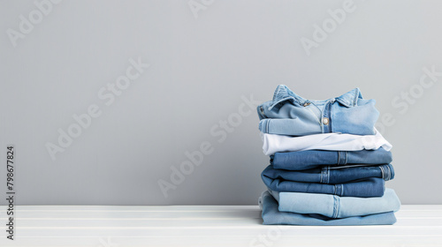 Stack of folded clothes on plain background with copy-space for text. All seasons collection. Denims in blue and white color tones were displayed on a white wooden desk and plain grey background.