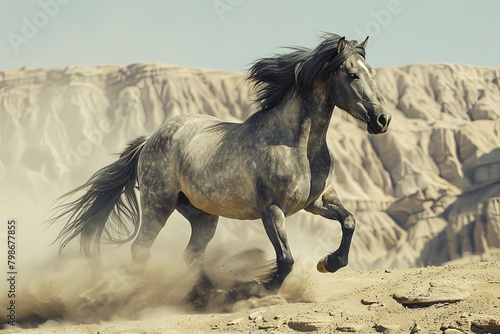 Majestic Grey Horse Galloping in the Desert Storm- A Wild Display of Spirit and Freedom