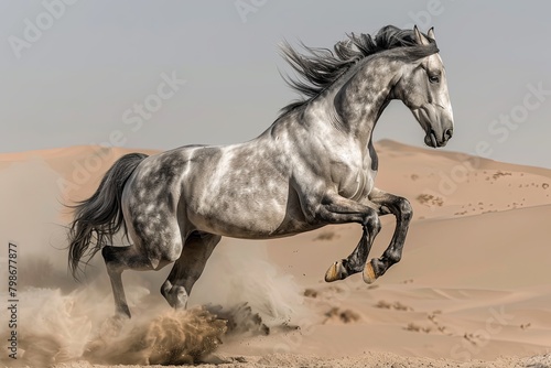 Majestic Grey Horse Leaping in Dust Clouds  Silver Desert Display