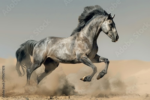 Majestic Grey Horse Rearing in Desert Wilderness - Untamed Spirit Captured