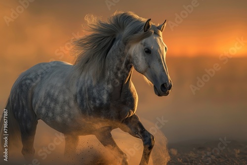 Glorious Grey Horse: Desert Spirit Rearing in Sunset Dust